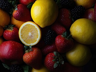Poster - Assorted fresh fruits lemons, strawberries, apples, blackberries.