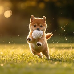 Aufkleber - Cute Shiba puppy runs with toy outdoors in sunshine.