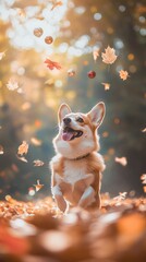 Aufkleber - Corgi joyfully jumps among falling autumn leaves.