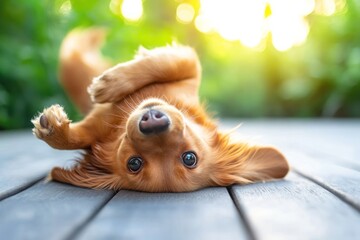 Aufkleber - Golden dog lays playful upside-down on deck.