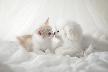Poster - Kitten and poodle puppy nose-to-nose.