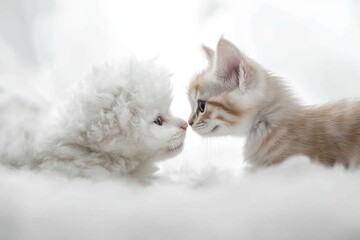 Poster - Puppy and kitten face to face, noses touching.