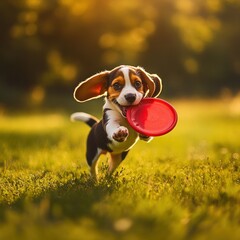 Poster - Beagle puppy running with red frisbee on a grassy field at sunset.