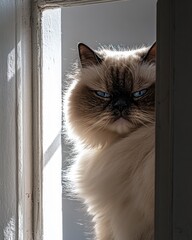 Poster - Ragdoll cat peers from doorway.