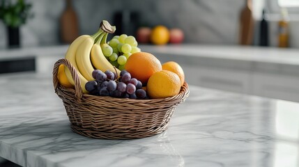 Poster - Woven basket filled with colorful fruits on a counter.
