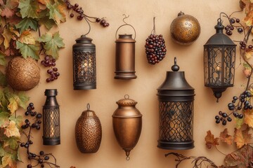 Aufkleber - Lanterns and grapes against a light tan wall.