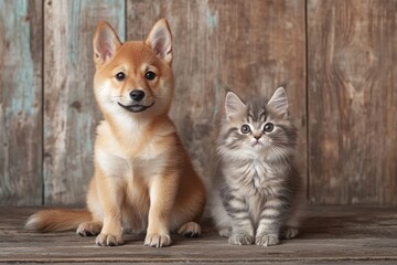 Wall Mural - Puppy and kitten together on a wood surface.