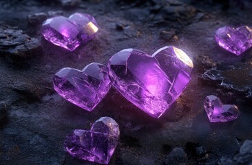 Poster - Purple crystal hearts scattered on dark rough surface.