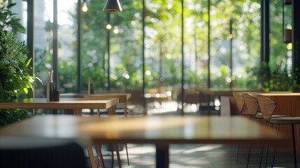 Poster - Blurred cafe with wood tables and chairs, bright lights, green foliage.