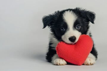 Poster - Cute black and white puppy with red heart on light background.