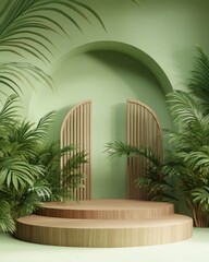 Aufkleber - Wooden podium with plants.