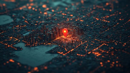 Poster - Glowing City Map with Location Pin Indicating Urban Focus Point