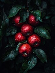 Poster - Five red apples on branch with dark leaves, water drops.