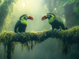 Aufkleber - Two toucans perched on mossy branch in jungle.