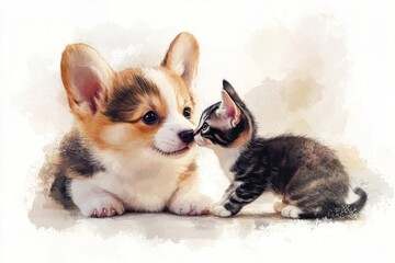 Poster - Cute corgi puppy and kitten interact, painted art.