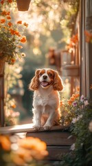 Poster - Happy Cavalier dog sitting on a porch with flowers.