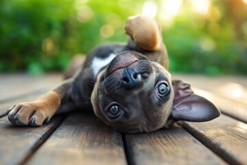 Aufkleber - Adorable blue brindle puppy playfully lying on its back on a wooden deck, outdoors in sunlight.