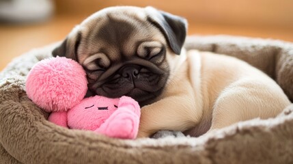 Poster - Sleeping fawn pug puppy with pink toy in soft bed.