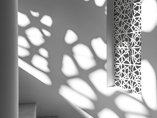 Poster - Sunlight creates abstract patterns on wall through ornate panel.