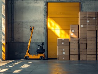 Poster - Yellow forklift and stacked boxes in warehouse with concrete walls.