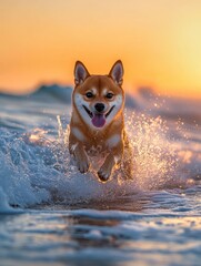 Poster - Shiba Inu dog joyfully runs through ocean waves at sunset.