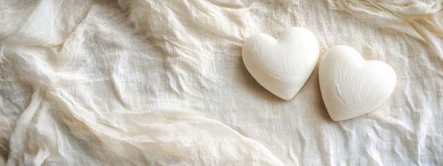 Poster - Two white heart shaped soaps on crinkled fabric.