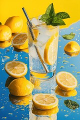 Poster - Lemonade drink with ice and mint on blue surface.