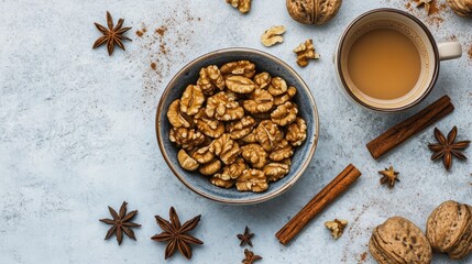 Aufkleber - Walnuts in bowl, spices, coffee on textured surface.