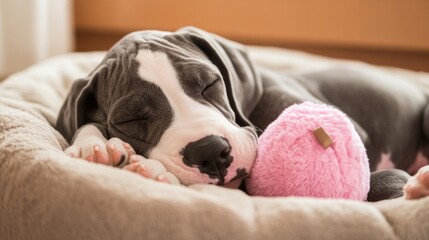 Poster - Gray puppy sleeps curled in bed with pink toy.