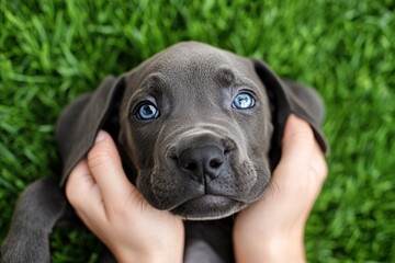 Wall Mural - Close-up of gray puppy with blue eyes on grass.