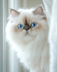 Poster - Fluffy white cat with bright blue eyes looking out.