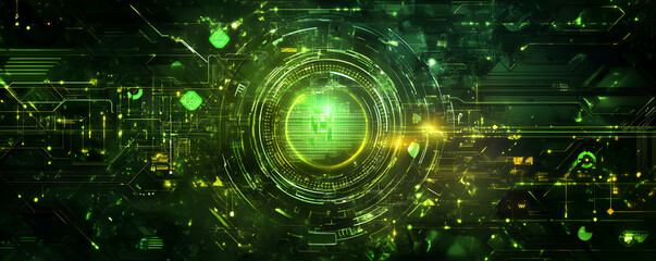 Poster - abstract digital design featuring a central glowing element and circuitry.