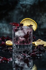 Poster - Dark purple drink with lemon on the table.