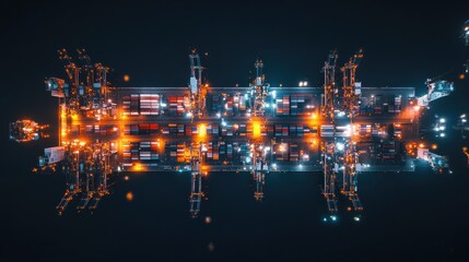 Poster - Aerial view of illuminated cargo containers at a busy port at night.