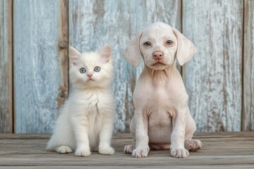 Poster - Kitten and puppy sit together against wood paneling.