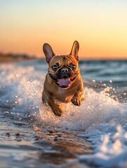 Poster - French bulldog runs through sea, sunset glow.