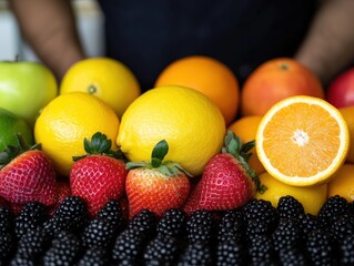 Poster - Assorted fresh fruits on dark surface, with person in background.