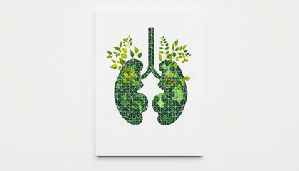 Poster - Lungs composed of geometric shapes and green leaves symbolize health and nature. This artistic representation highlights connection between environment and respiratory well being