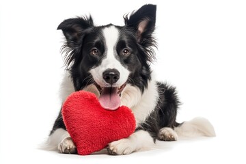 Poster - Border collie dog with red heart against white.