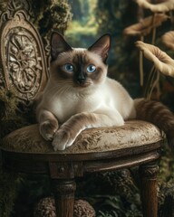 Poster - Siamese cat with blue eyes rests on a wooden chair in a forest.