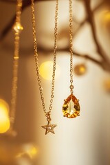 Poster - Golden necklaces with gem and star charms against bokeh lights.