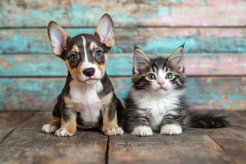 Poster - Puppy and kitten sitting together on rustic wood background.