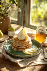 Poster - Stacked pancakes topped with pears and honey near a window.