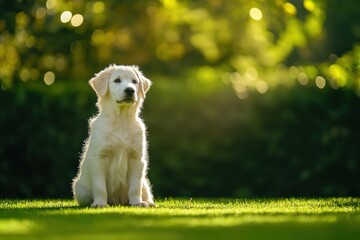 Aufkleber - Golden retriever puppy sits on grass with sunlight.