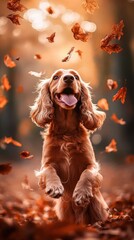 Aufkleber - Dog happily jumping in fall leaves.
