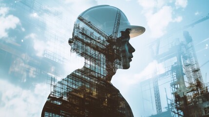 Poster - Double exposure of builder wearing helmet with construction site.