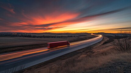 Aufkleber - Red truck drives down road with bright sunset and landscape.
