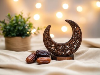 Aufkleber - Wooden moon, dates, potted plant, and bokeh lights.