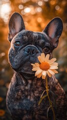 Aufkleber - Brindle dog with flower portrait.