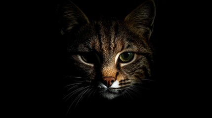 Poster - Dramatic close up cat face, dark background.